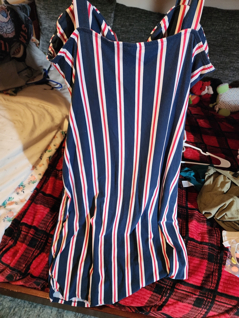 Striped Navy Blue Summer Dress with Red and White Accents